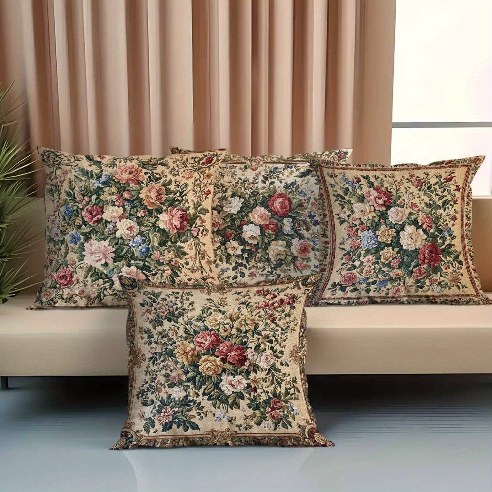 Vintage Floral Pillow Cover Set of Four with Zipper Openings, Single-Sided Print and Exact 18-Inch Size