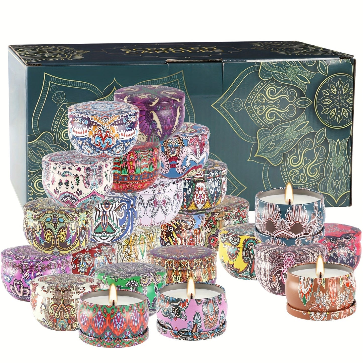24-Piece Candle Gift Set with Lidded 2.5oz Decorative Travel Tins and Multicolor Fragrance Labels