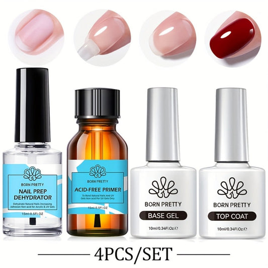 Gel Nail Prep Kit 4-Piece BORN PRETTY — Nail Dehydrator 15ml, Primer 15ml, Base Gel 10ml & Super Top Coat 10ml for Semi-Permanent Long-Lasting Gel Manicure, Salon & Home Use