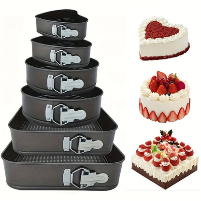 Springform Cake Pan Set 6pcs 7 8 9 10 11 Inch Heart Round Square Nonstick Leakproof Removable Bottom Carbon Steel Bakeware for Cheesecake Mousse Honeycomb Birthday Wedding Cake