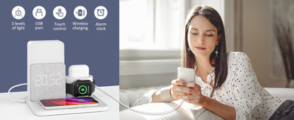 Wireless Charging Station, 3-in-1 Bedside Dock with Alarm Clock for iPhone and Samsung Galaxy Phones