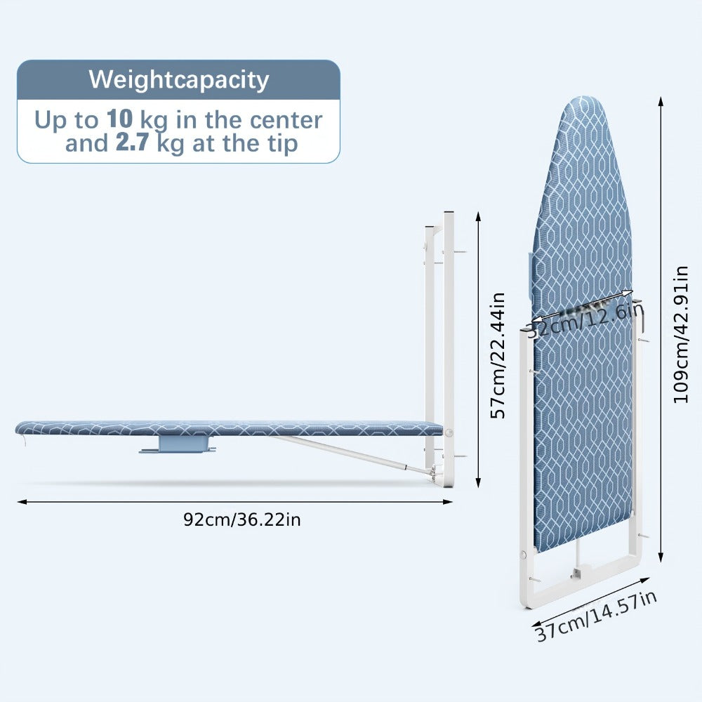 Wall-Mounted Fold-Down Ironing Board with 36-by-12-Inch Surface in Light Blue or Blue Covers