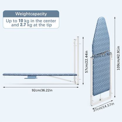Wall-Mounted Fold-Down Ironing Board with 36-by-12-Inch Surface in Light Blue or Blue Covers