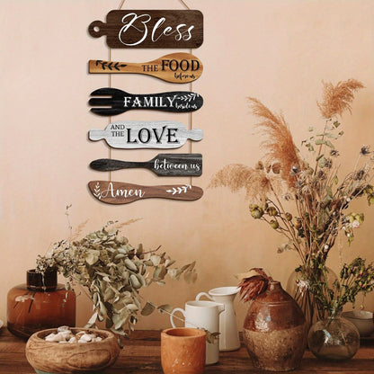 Farmhouse Wall Decor Wood Sign Set - "Bless The Food Before Us" Rustic Kitchen Dining Room Hanging Plaque
