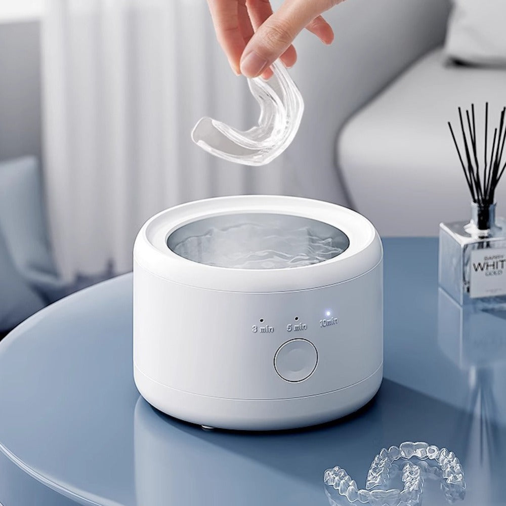 Electric Ultrasonic Cleaner Machine for Dentures Jewelry & Glasses — USB Rechargeable 3 Speeds Auto Timer 180ml Tank One-Touch Portable Dental Cleaning Device for Home & Travel