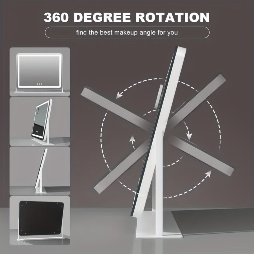 Makeup Mirror Rectangular LED Vanity Stand with 5X Detail Mirror, Three Light Colors, Touch Dimming and 360° Rotation