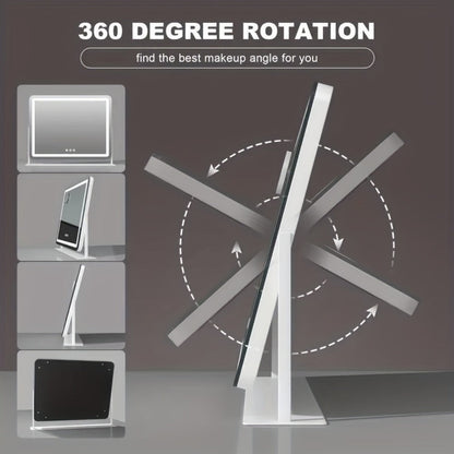 Makeup Mirror Rectangular LED Vanity Stand with 5X Detail Mirror, Three Light Colors, Touch Dimming and 360° Rotation