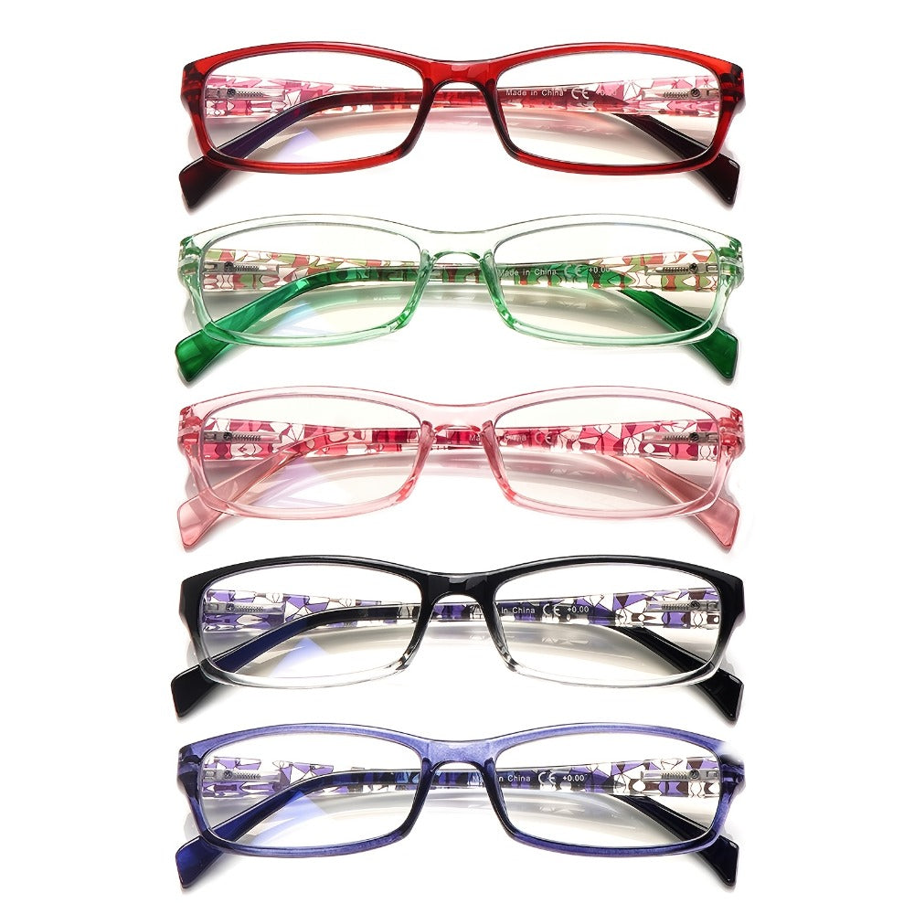 Reading Glasses – Five-Pair Rectangular Blue-Light Lens Set with Spring Hinges and Mixed Colors