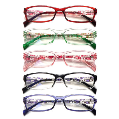 Reading Glasses – Five-Pair Rectangular Blue-Light Lens Set with Spring Hinges and Mixed Colors