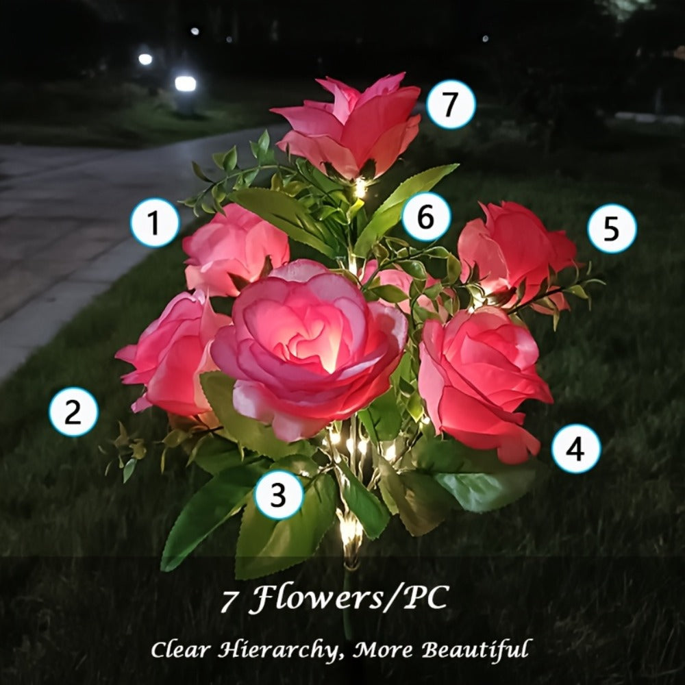 Solar Rose Garden Stake Lights with Separate Panels, Two Stakes and 14 Flowers in Red or Pink