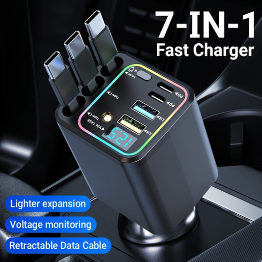 Car Charger 7-in-1 Fast Charging Hub – 3 Retractable Cables, 180° Adjustable, LED Display, USB Multi-Port for iPhone Android