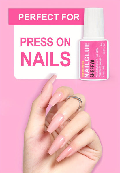 Nail Glue Set, 8ml Brush-On Bottles in 2-, 5- or 10-Piece Options with SHEFFYA Package and EMNAGLUE Bottle Markings