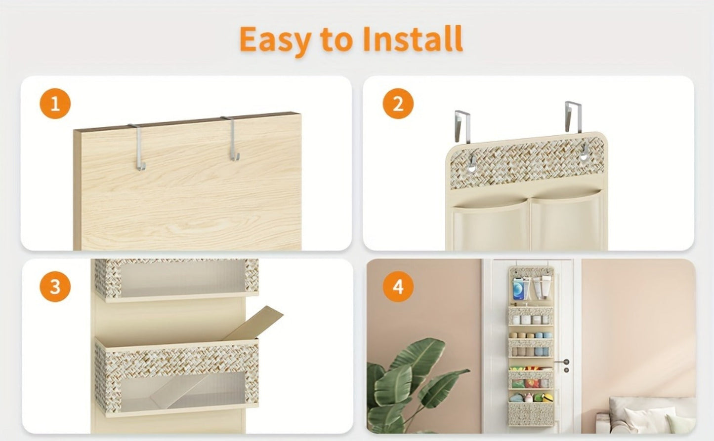 2-Pack Over-The-Door Hanging Organizer with 5 Shelves & 4 Clear Pockets – Beige Rattan Storage Rack for Closet, Bedroom & Bathroom