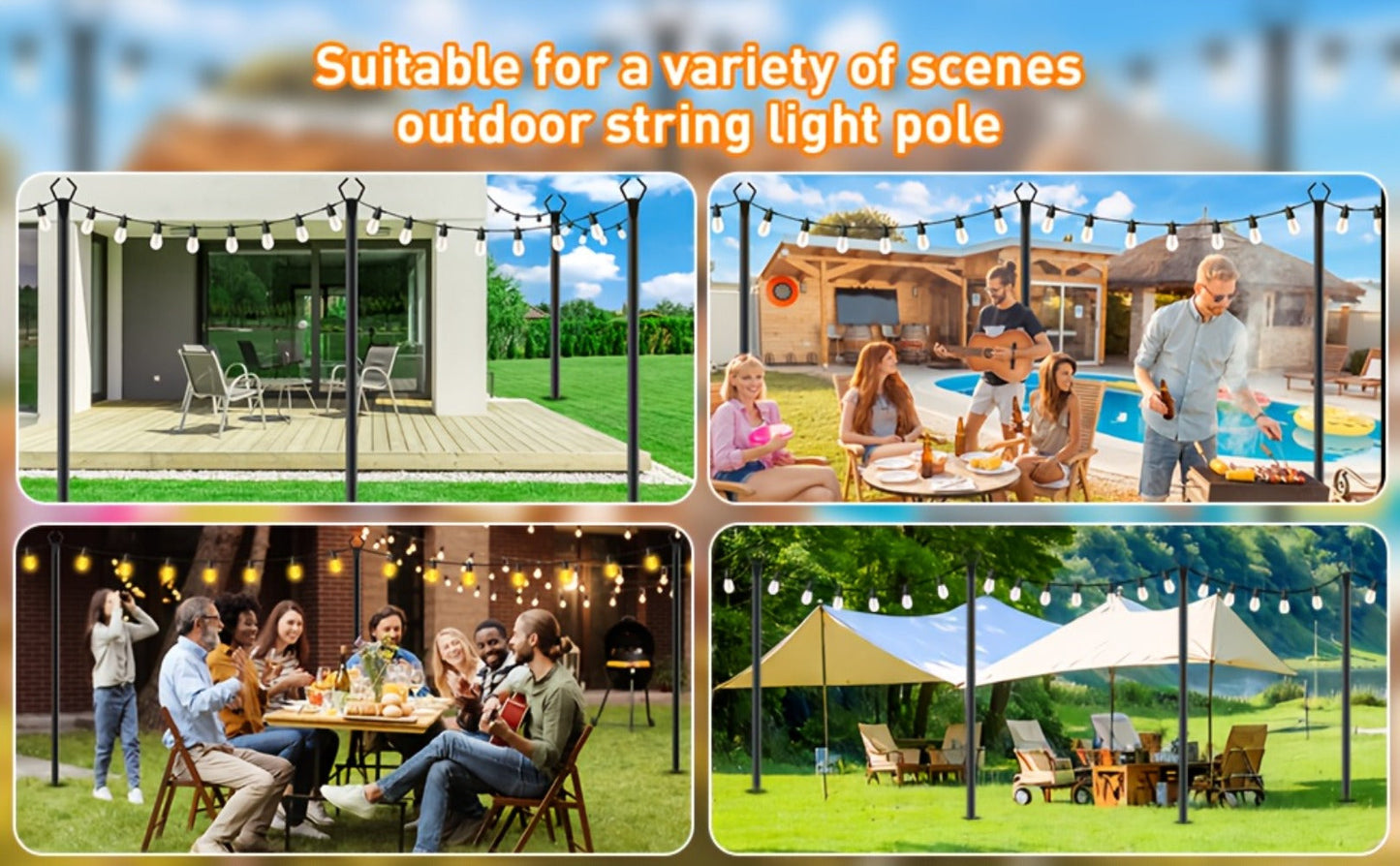 Four-Pack 11.1-Foot Outdoor String Light Poles with Forked Metal Bases for Patios and Events