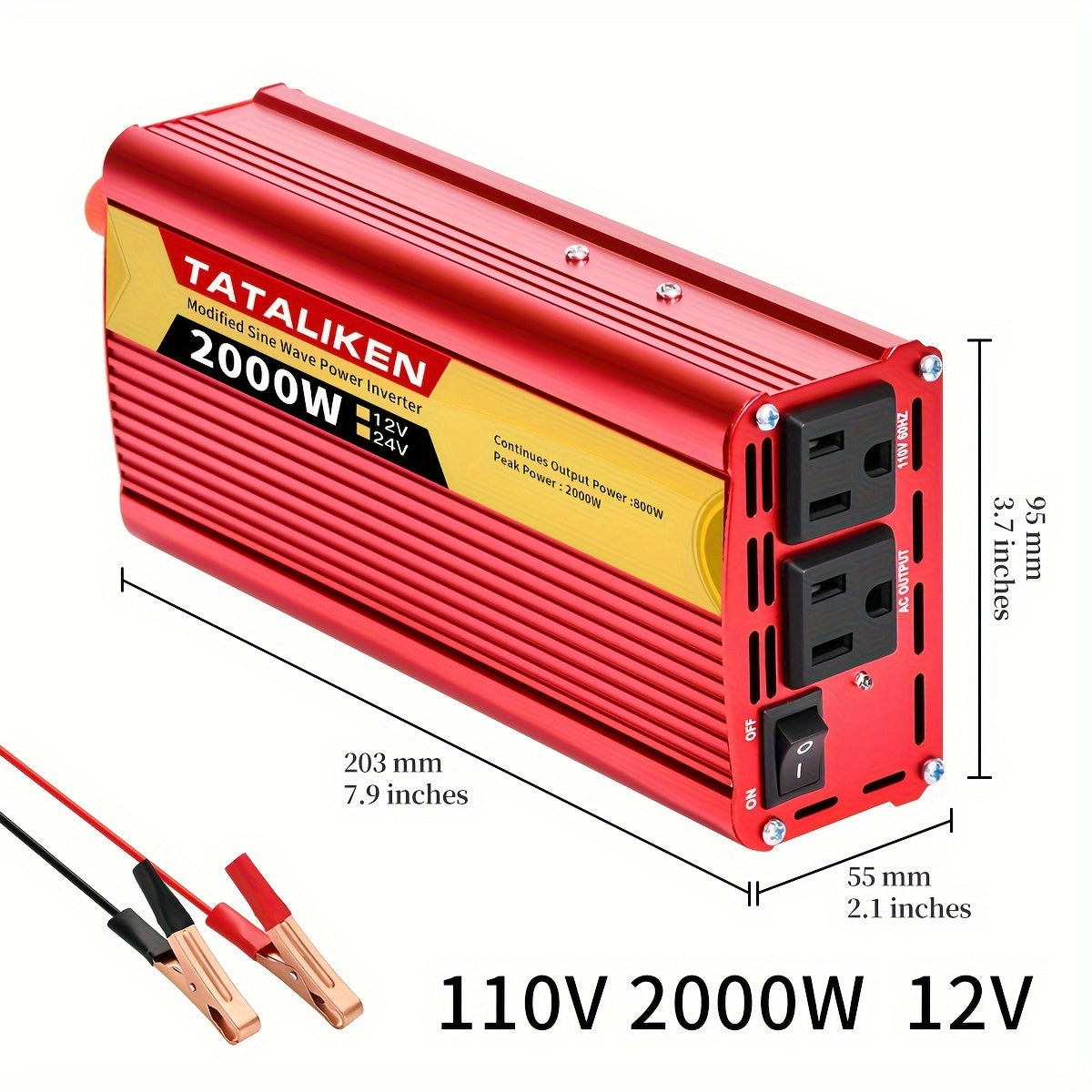 2000W Power Inverter DC 12V to AC 110V - US Socket Car Converter with Cooling Fan & Overload Protection | Road Trips, Camping & Emergency Use