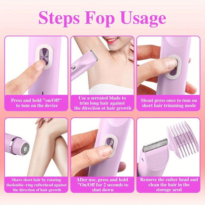 Two-Head Electric Hair Shaver with Foil and Rotary Attachments, Type-C Charging in Pink, Purple or Blue