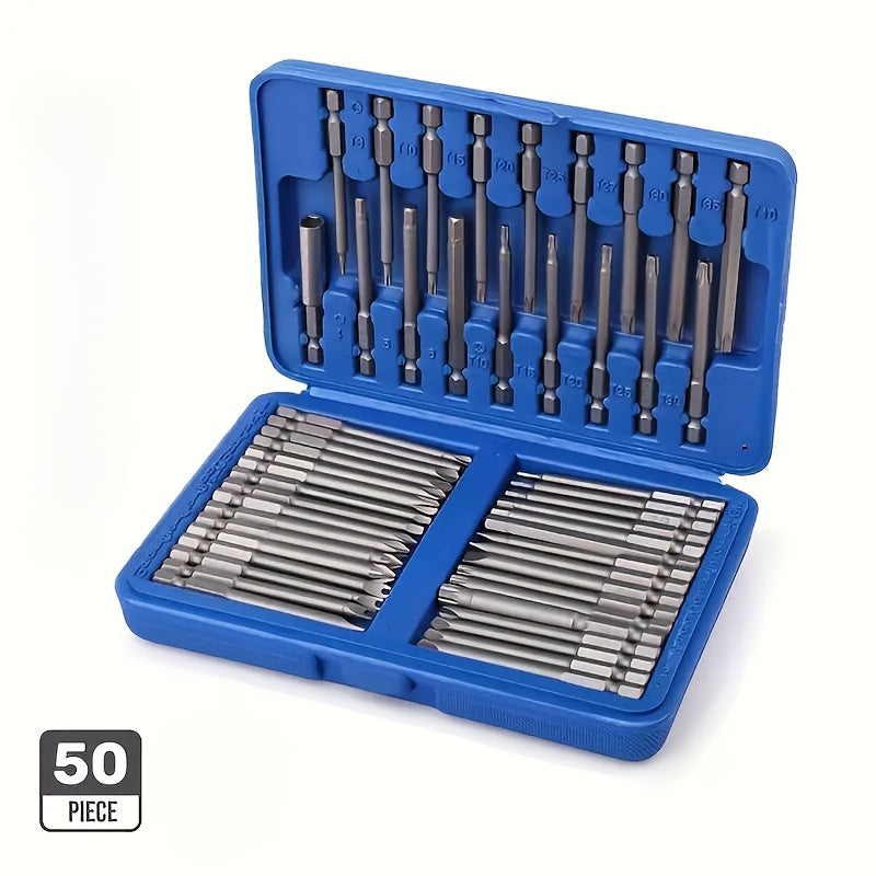 50-Piece Magnetic Security Screwdriver Bit Set with 75 mm Extended 1/4-Inch Hex Shanks and Blue Case