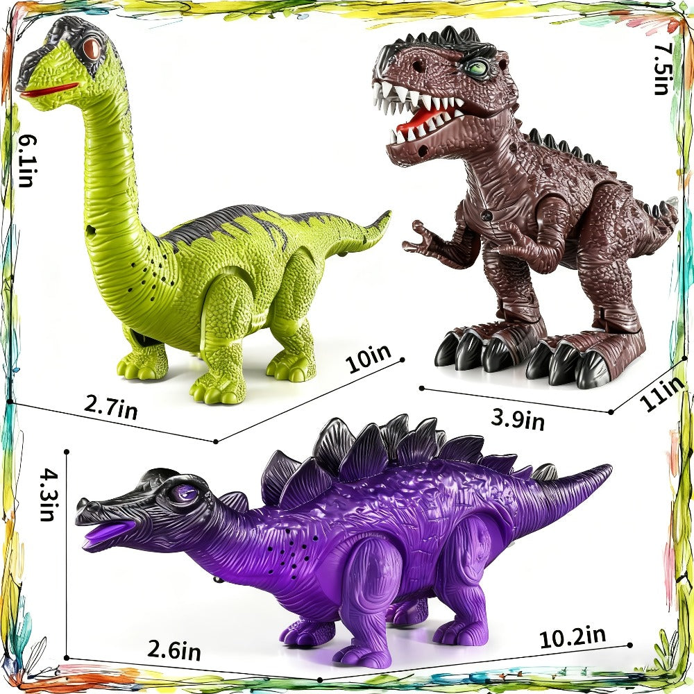 Electric Walking Dinosaur Toys Set of 3 with Sound, Light & Walking Functions – Interactive Moving Dino Toy Collection, Birthday Christmas Gift for Boys Girls Ages 3-7