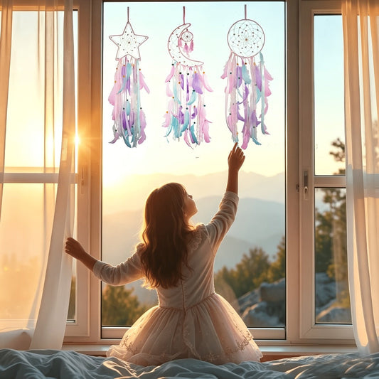 Dream Catcher Set of 3 - Moon Sun Star Wall Hanging Decor for Bedroom, Boho Room Decor for Teen Girls Kids, Princess Bedroom Decoration, 8 Inch Metal Hoop, Pink White Black Brown, Nursery Wall Art Gift