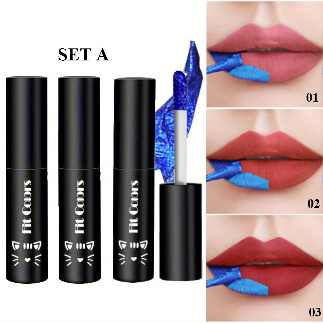 Lip Gloss Set by Fit Colors with 3 Bold Blue Matte Lip Colors and Two Retained Set Options