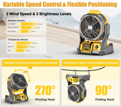 Cordless Jobsite Fan Compatible with DeWalt 20V Max Battery, LED Light Auto Oscillating 180° Tilt Adjustable Speed, Portable Battery Powered Fan with Hanging Hook for Camping, Garage and RV