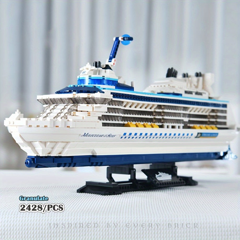 2428-Piece Cruise Ship Building Block Model with Black Display Stand, Lifeboats, Chimneys and Ocean-Liner Deck