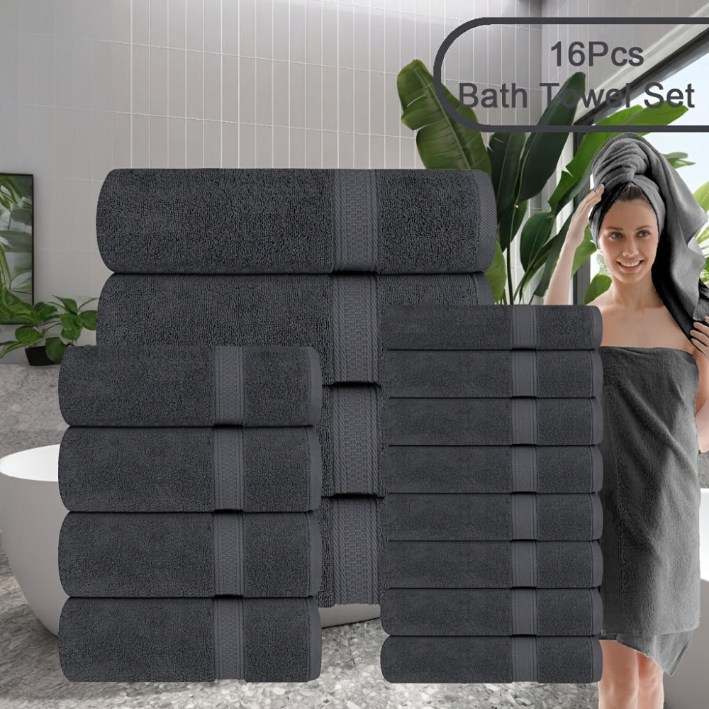 Towel Set 8 or 16 Piece Thickened Bath, Hand and Washcloth Collection in Multiple Solid Colors