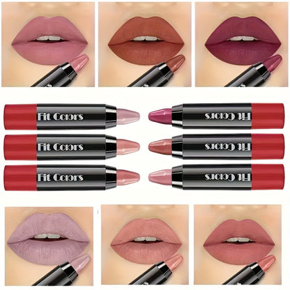 Lipstick Set, Fit Colors 6-Piece Velvet Matte Crayon Collection with Nude, Mauve and Berry Shades