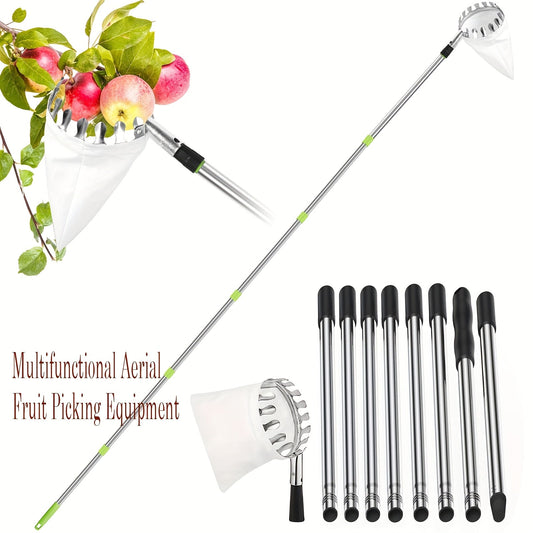Fruit Picker Stainless Steel Adjustable Extension Pole - Tall Tree Orchard Picking Tool with Non-Slip Handle for Apples, Avocados, Peaches, Pears, Lemons, Cherries & Plums - 63 to 157 Inch