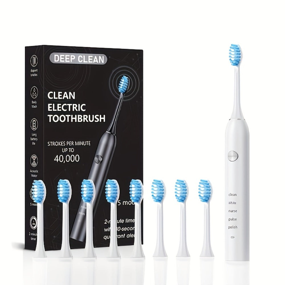 Electric Toothbrush with Five Modes, 40,000 Vibrations per Minute, Type-C Charging and Four or Eight Heads
