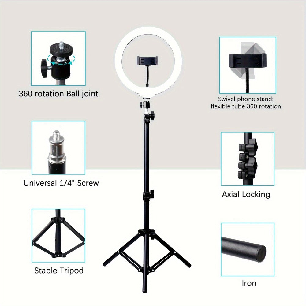 10- or 12-Inch USB Ring Light with Retractable Floor Tripod, Center Phone Holder and Lighting Options