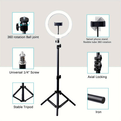10- or 12-Inch USB Ring Light with Retractable Floor Tripod, Center Phone Holder and Lighting Options