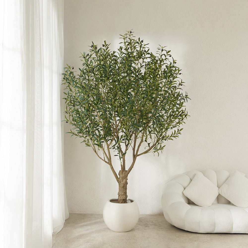 Potted Olive Artificial Tree with 5, 6, 7 and 8 ft Height Options, Black Planter and Branching Green Leaves