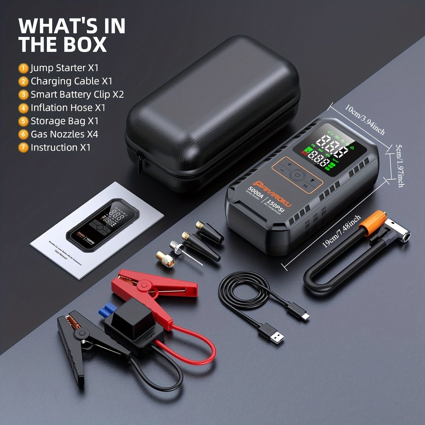 5000A Car Jump Starter with 150 PSI Digital Tire Inflator, 12V Clamps and 44.4Wh, 59.2Wh or 74Wh Options