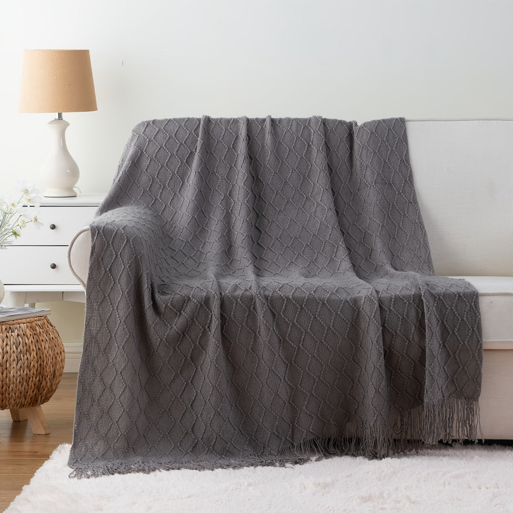 50 x 60-Inch Throw Blanket with Raised Geometric Texture, Tassel Fringe and Six Solid Color Options