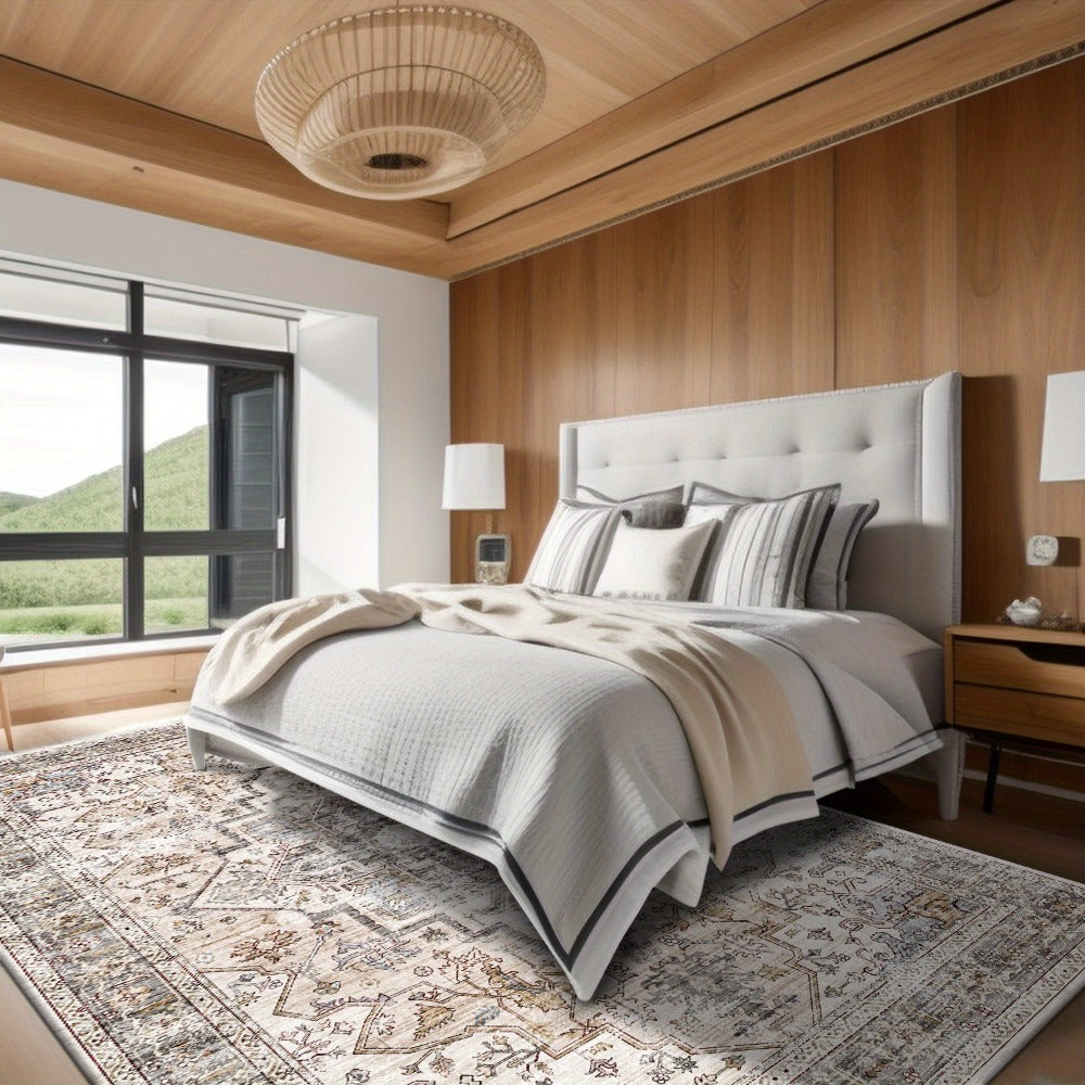 Area Rug Bohemian Retro Design in Beige or Grey with Six Foldable Machine-Washable Room Sizes