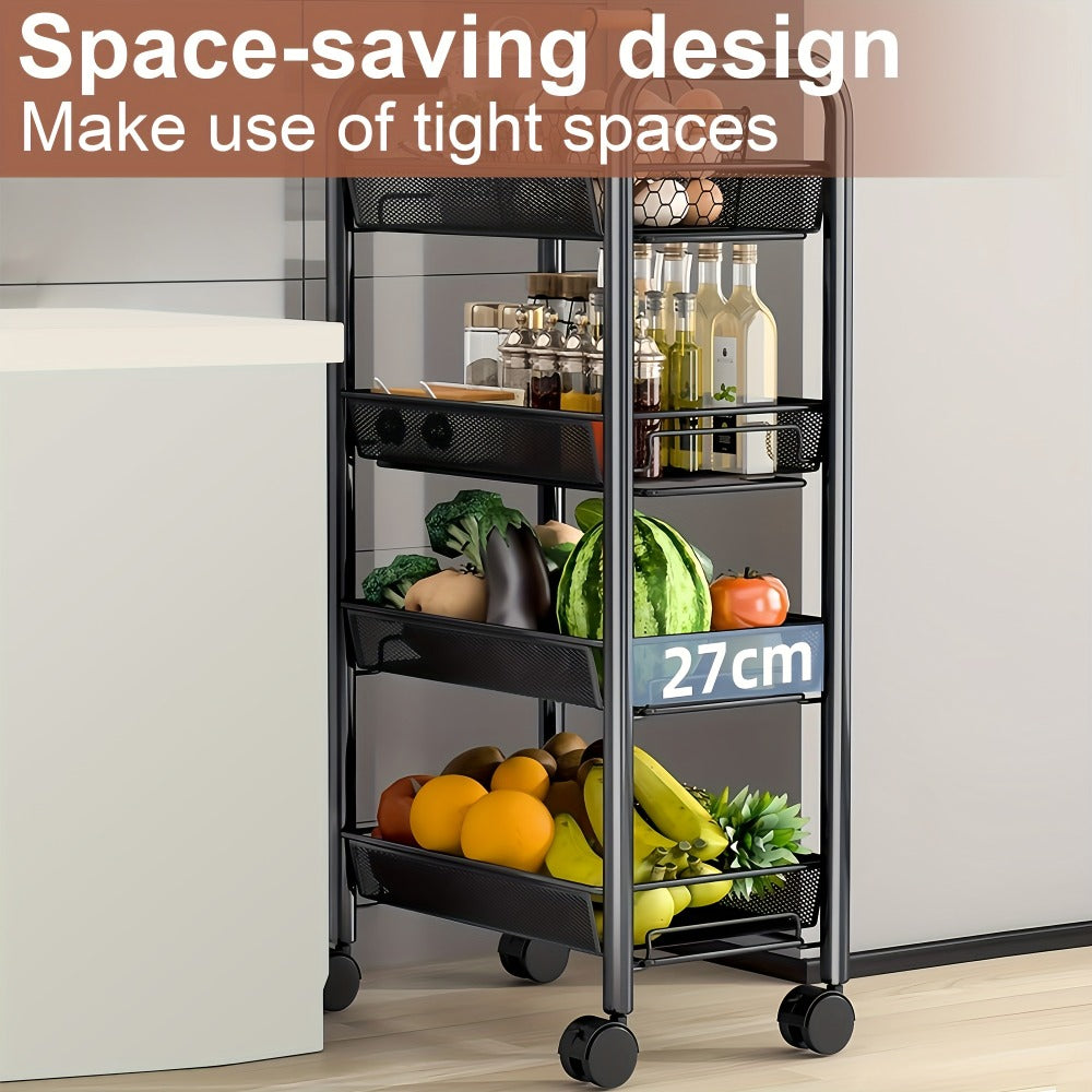 Three-, Four- or Five-Tier Black Carbon Steel Rolling Storage Cart with Detachable Wire Baskets
