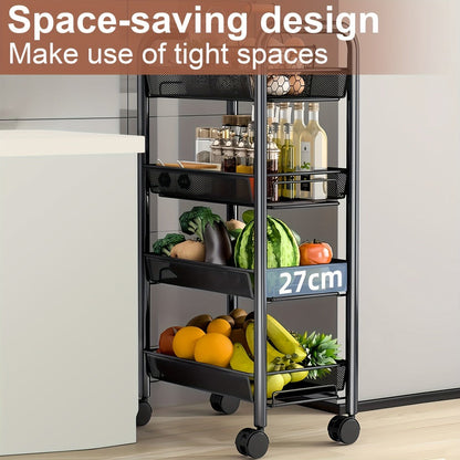 Three-, Four- or Five-Tier Black Carbon Steel Rolling Storage Cart with Detachable Wire Baskets