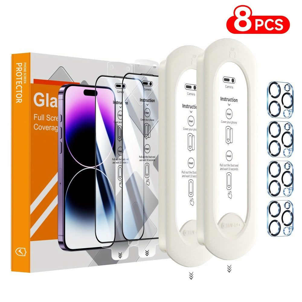 Screen Protector, 8-Piece iPhone Tempered Glass Set with Four Screen Films, Four Camera Lens Covers and Alignment Tools