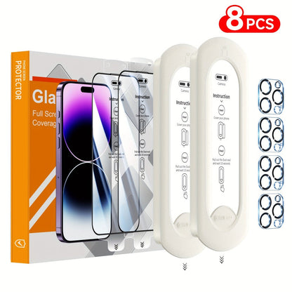 Screen Protector, 8-Piece iPhone Tempered Glass Set with Four Screen Films, Four Camera Lens Covers and Alignment Tools