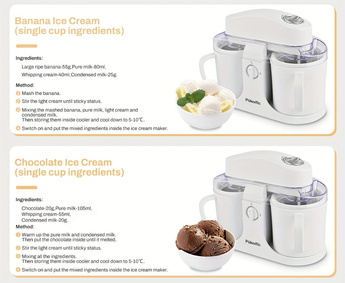 Ice Cream Maker Machine 33.81oz Dual Cup - Homemade Ice Cream, Frozen Yogurt & Fruit Smoothies, Detachable Easy-Clean Design