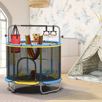 Kids Trampoline with Enclosure and Gymnastics Bar – 60" Height Adjustable Safety Net Trampoline for Toddlers Ages 3+, Indoor Outdoor Active Play with Toys Included | Best Birthday Gift
