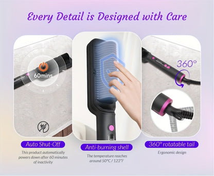 Ionic Hair Straightener Brush Anti-Scald – Precise Temperature Control Auto Shut-Off Straightening Comb Flat Iron for Women All Hair Types – Rose Gold, Black, Gift for Her