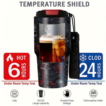 Insulated Tumbler 20oz Gothic Skull and Roses Stainless Steel Travel Mug with Carry Strap for Everyday Use