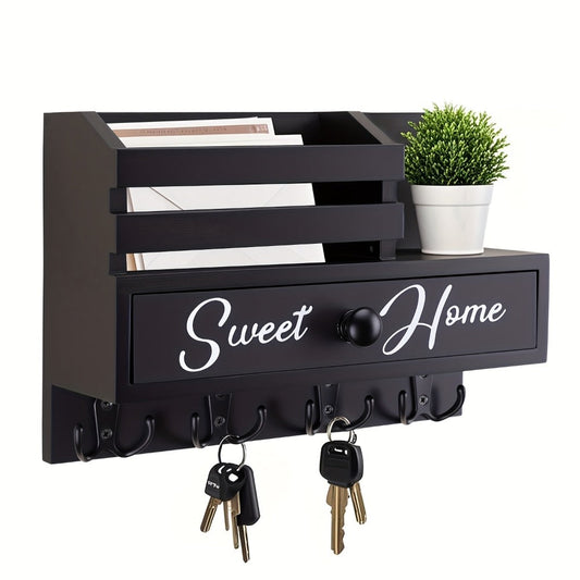 Key Holder for Wall with Drawer 8 Hooks – Rustic Wood Wall Mounted Key & Mail Organizer for Entryway, Kitchen, Mudroom, Office, Adhesive & Paintable Hooks, Space Saving Entryway Decor Storage