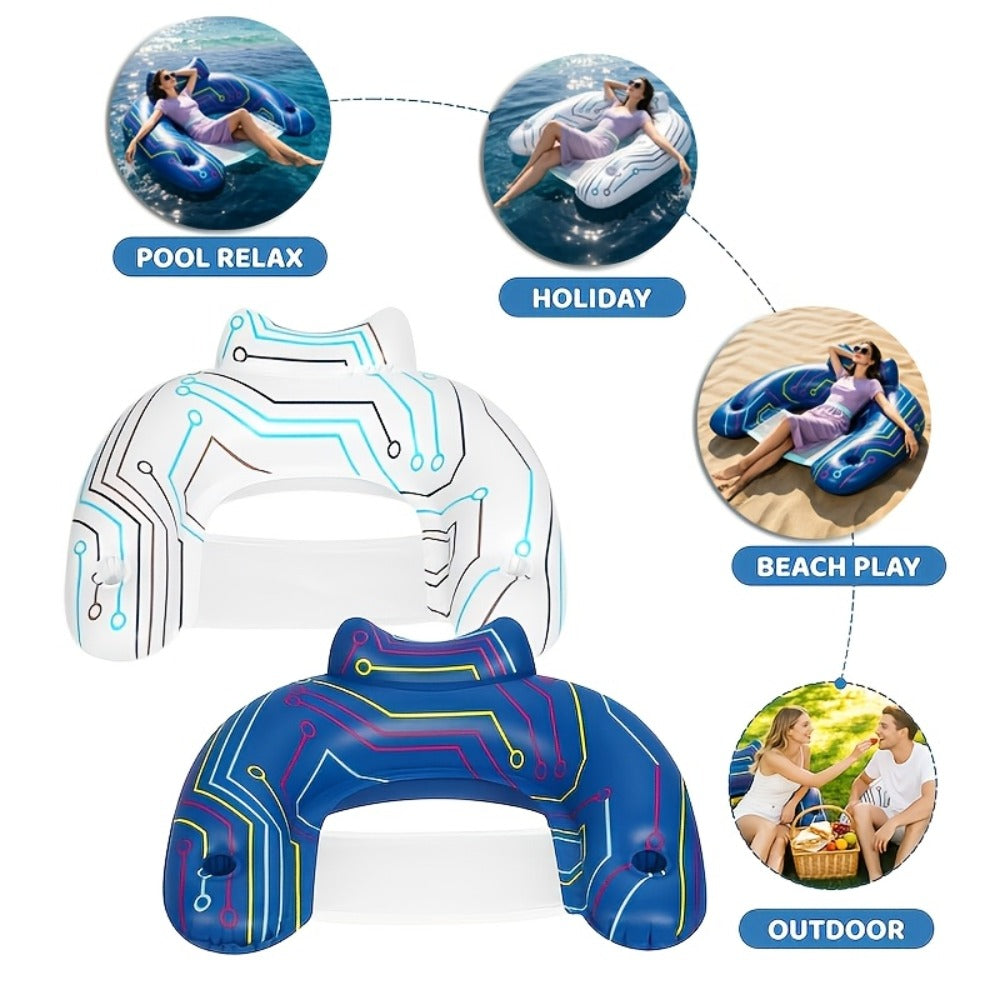 Pool Float U-Shaped Chair Two-Pack with Mesh Center, Headrest, Built-In Cup Holder and Graphic Trim