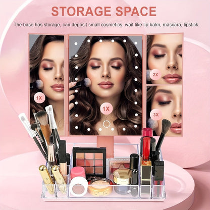 Makeup Mirror Tri-Fold Vanity with 24 LEDs, 1X 2X and 3X Panels, Touch Dimming, Storage Base and Dual Power