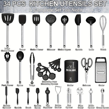 Silicone Cooking Utensils Set 34 Piece with Stainless Steel Handle, Heat Resistant Kitchen Gadgets Tools for Nonstick Cookware, Spatulas Spoons Tongs Whisk Complete Kitchen Accessories Gift Set