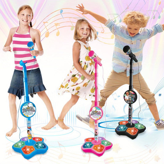 Kids Karaoke Microphone with Stand & Amplifier – Singing Toy for Girls Boys Age 3+, Random Print Design, Birthday Gift, Blue / Black / Pink