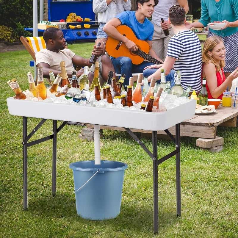 Ice Table Folding 4 ft Portable Cooler Table with Drain & Removable Skirt, Fill and Chill Party Beverage Station for BBQ, Camping & Outdoor Events